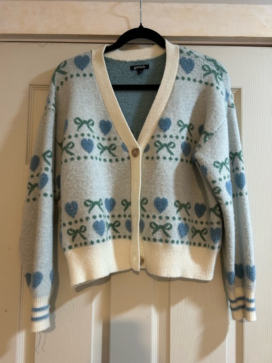 girl ish Sweaters - Cream and Blue Heart-Pattern V-Neck Cardigan Sweater